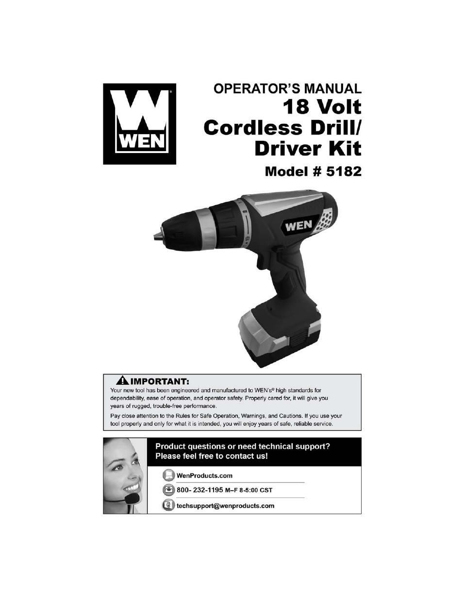 WEN 5182 18 Volt Cordless Drill/Drive Kit User Manual | 16 pages