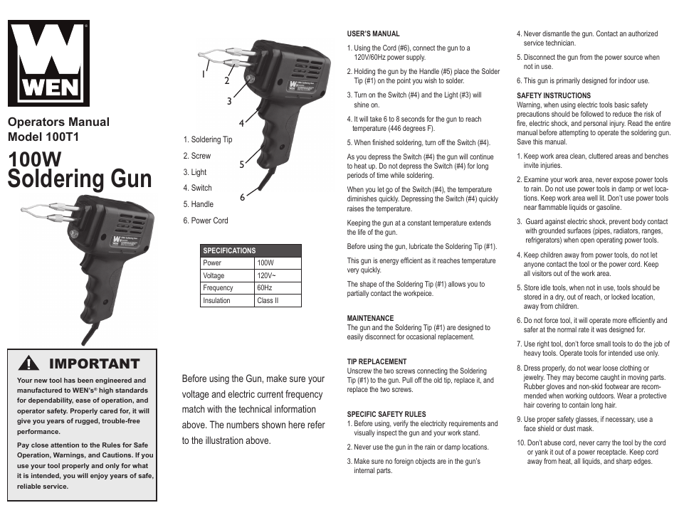 WEN 100T1 100W Soldering Gun User Manual | 2 pages