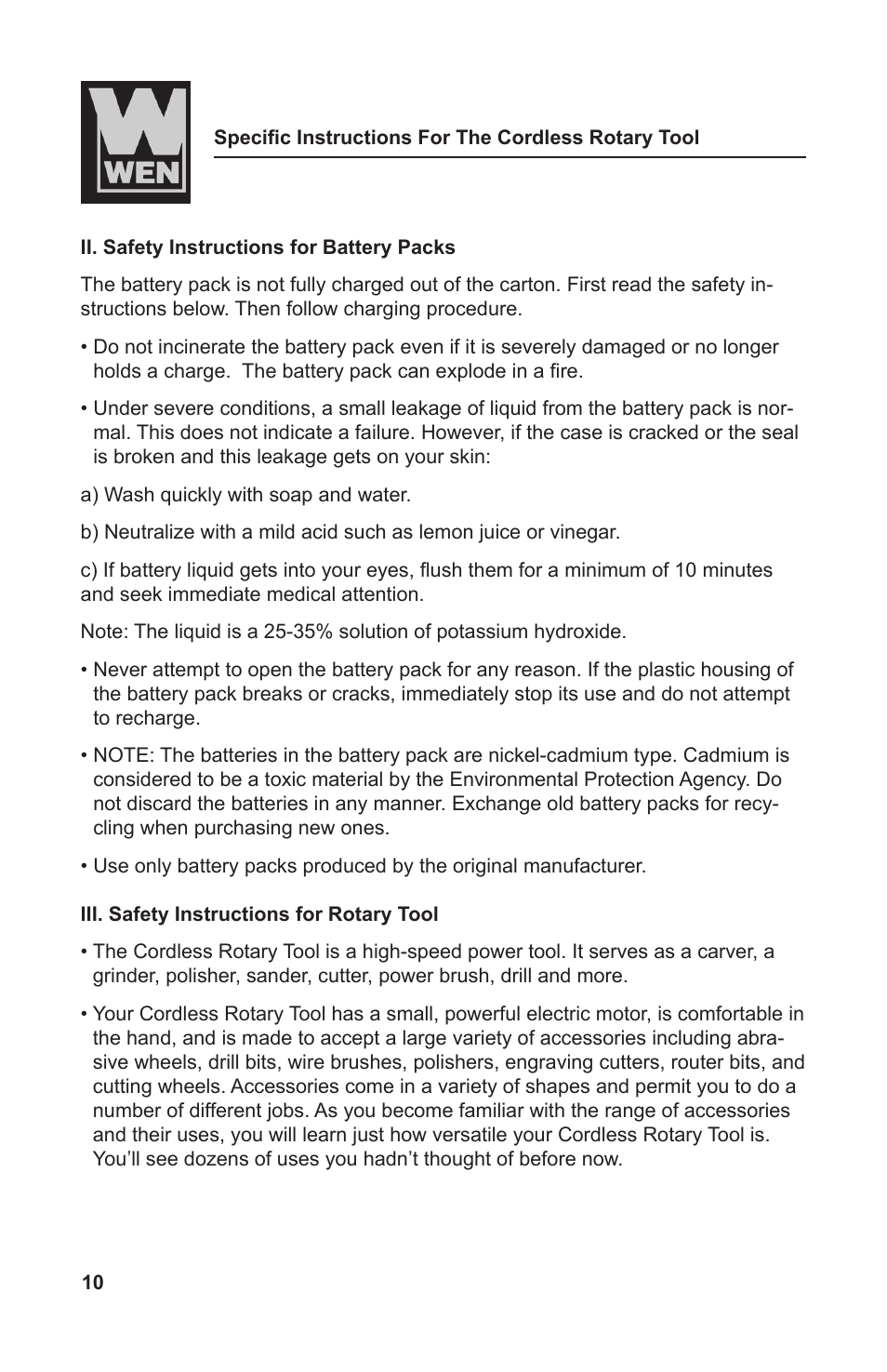 WEN 2301 9.6 Volt Cordless Rotary Tool Kit User Manual | Page 10 / 18