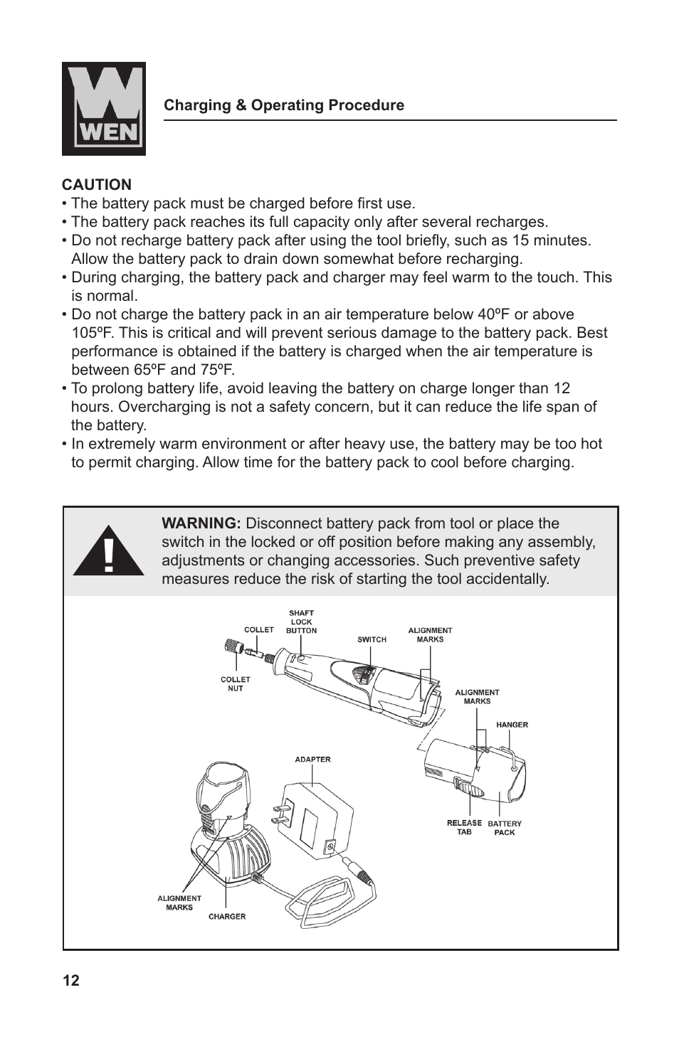 WEN 2301 9.6 Volt Cordless Rotary Tool Kit User Manual | Page 12 / 18