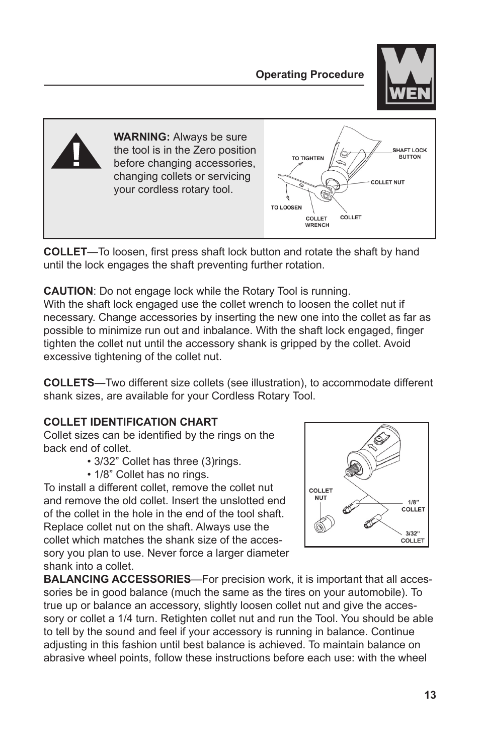 WEN 2301 9.6 Volt Cordless Rotary Tool Kit User Manual | Page 13 / 18