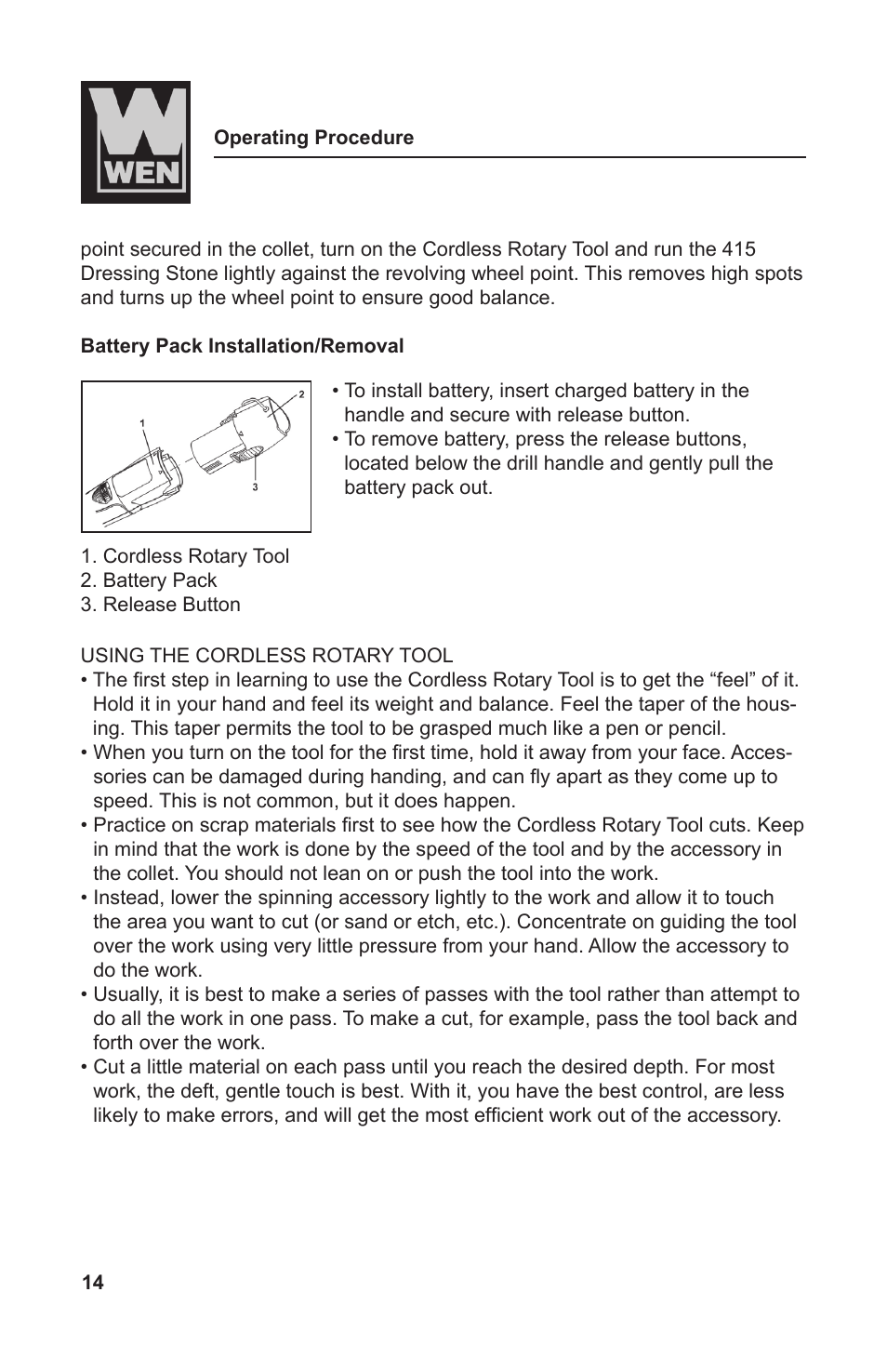 WEN 2301 9.6 Volt Cordless Rotary Tool Kit User Manual | Page 14 / 18