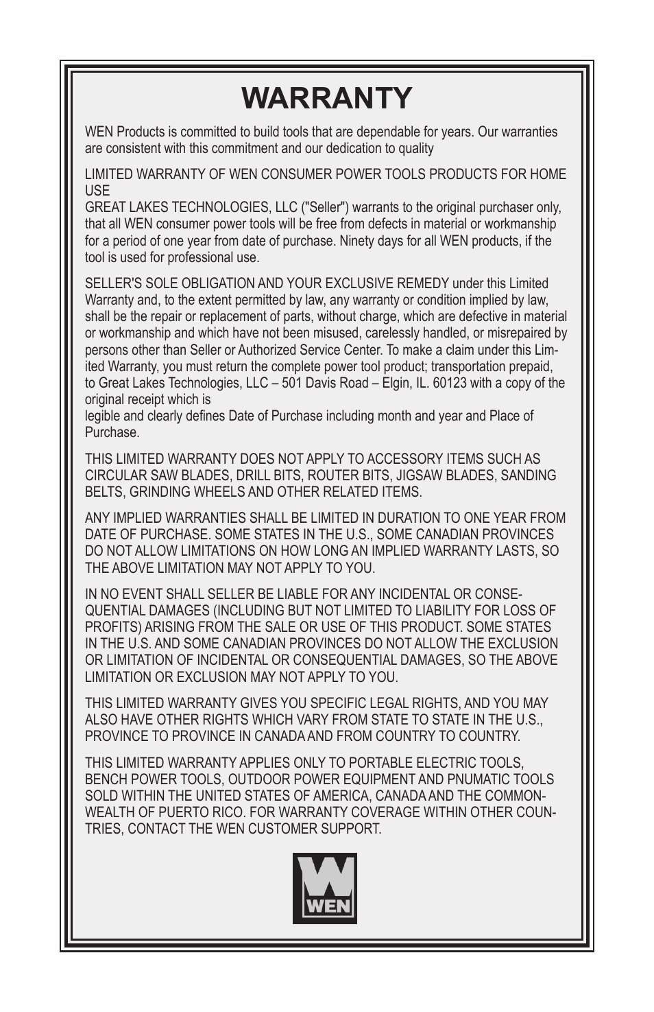 Warranty | WEN 2301 9.6 Volt Cordless Rotary Tool Kit User Manual | Page 18 / 18