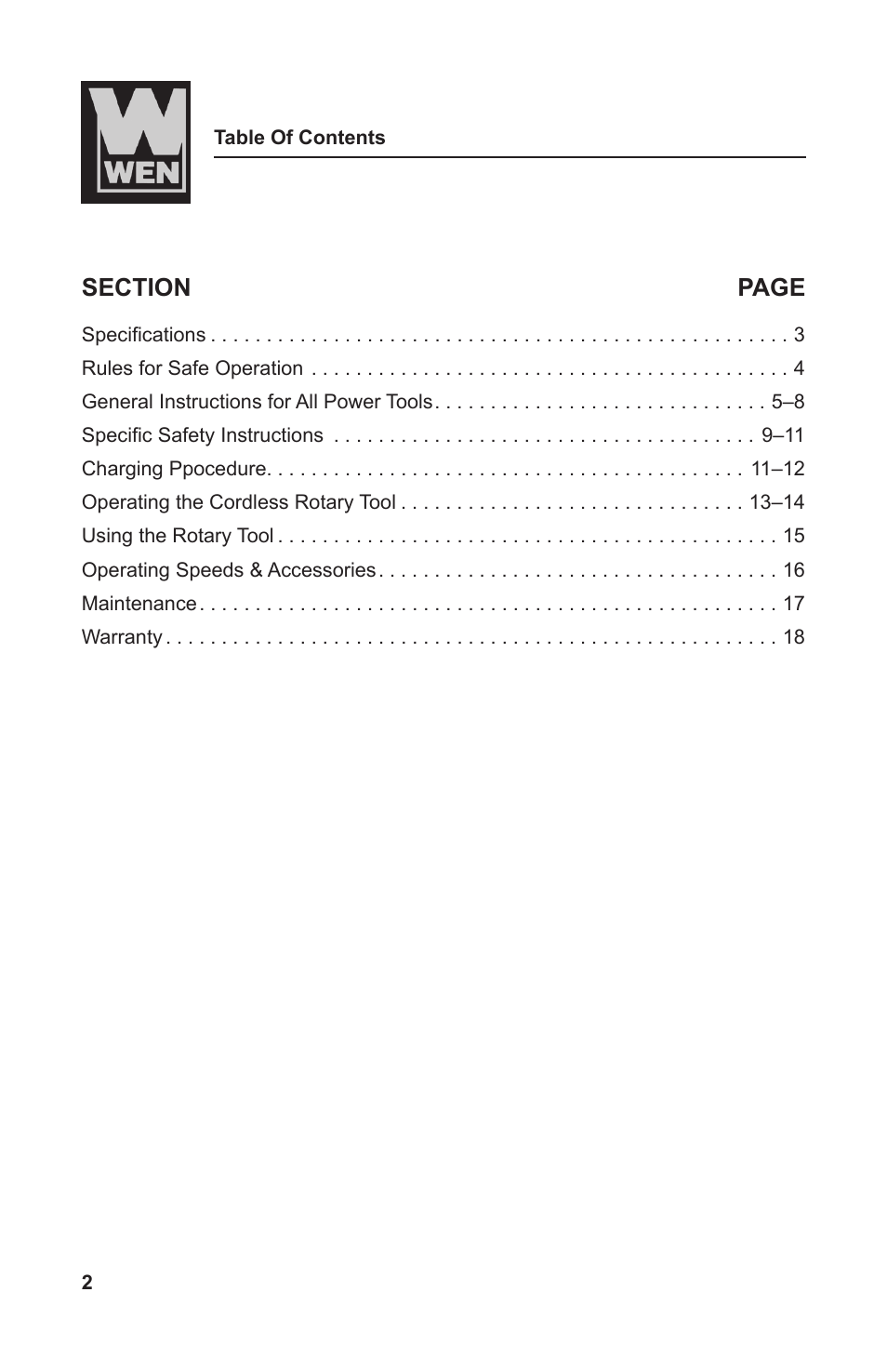 WEN 2301 9.6 Volt Cordless Rotary Tool Kit User Manual | Page 2 / 18