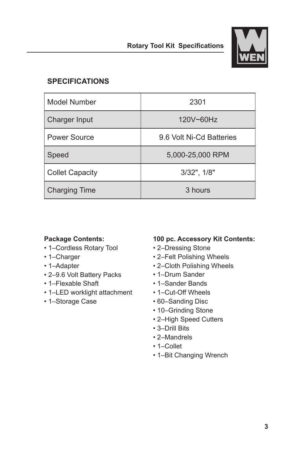 WEN 2301 9.6 Volt Cordless Rotary Tool Kit User Manual | Page 3 / 18