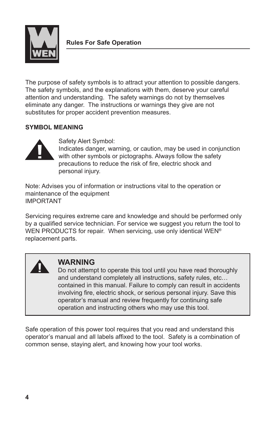 Warning | WEN 2301 9.6 Volt Cordless Rotary Tool Kit User Manual | Page 4 / 18