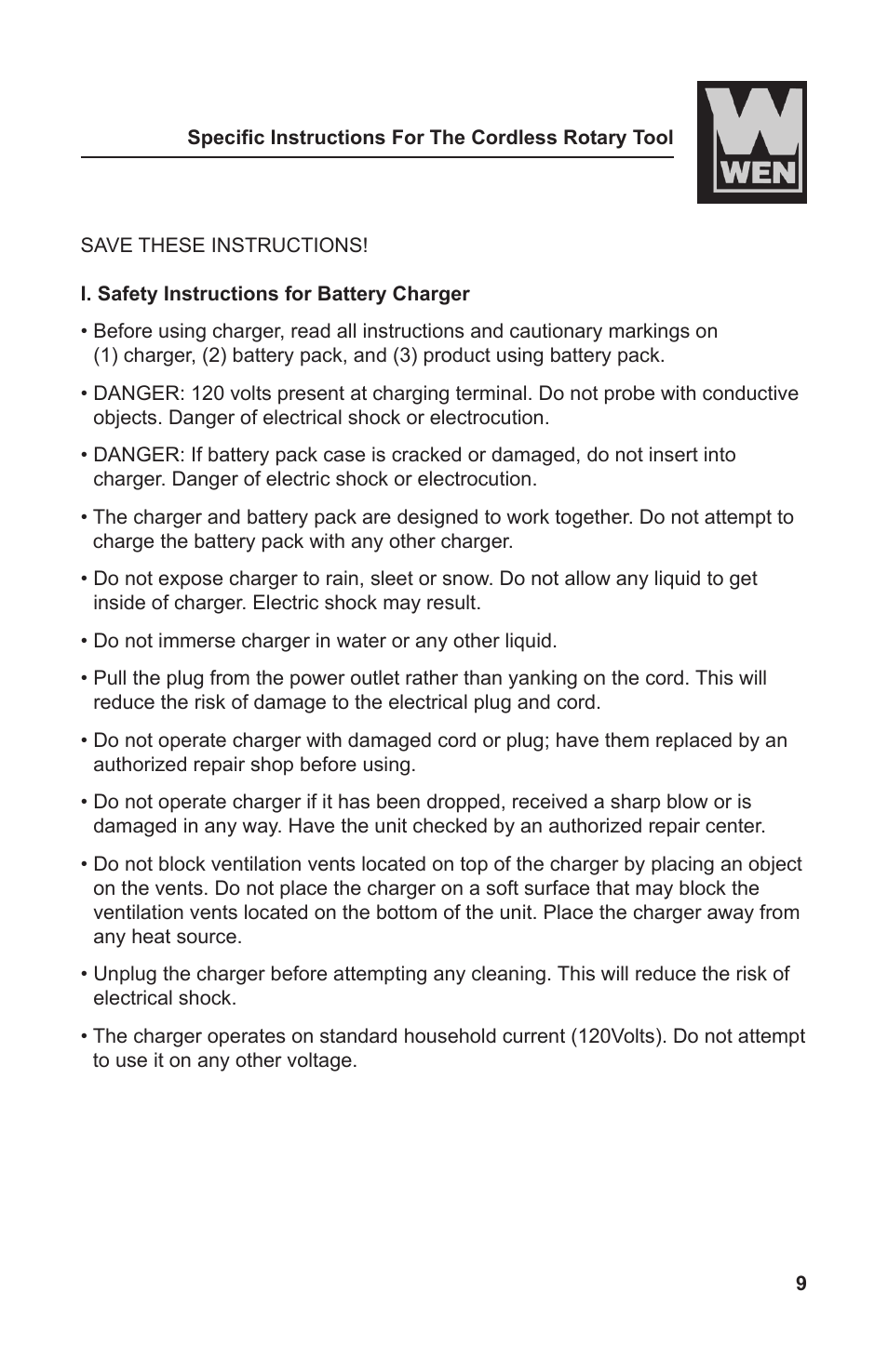 WEN 2301 9.6 Volt Cordless Rotary Tool Kit User Manual | Page 9 / 18