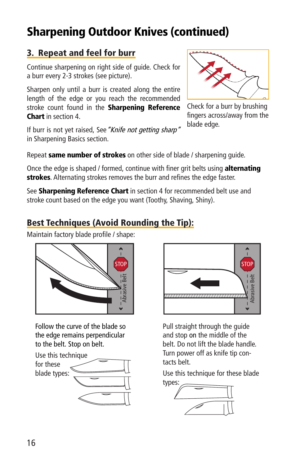 Sharpening outdoor knives (continued), Repeat and feel for burr, Best techniques (avoid rounding the tip) | Work Sharp WSKTS-KO KNIFE & TOOL SHARPENER User Guide User Manual | Page 16 / 28