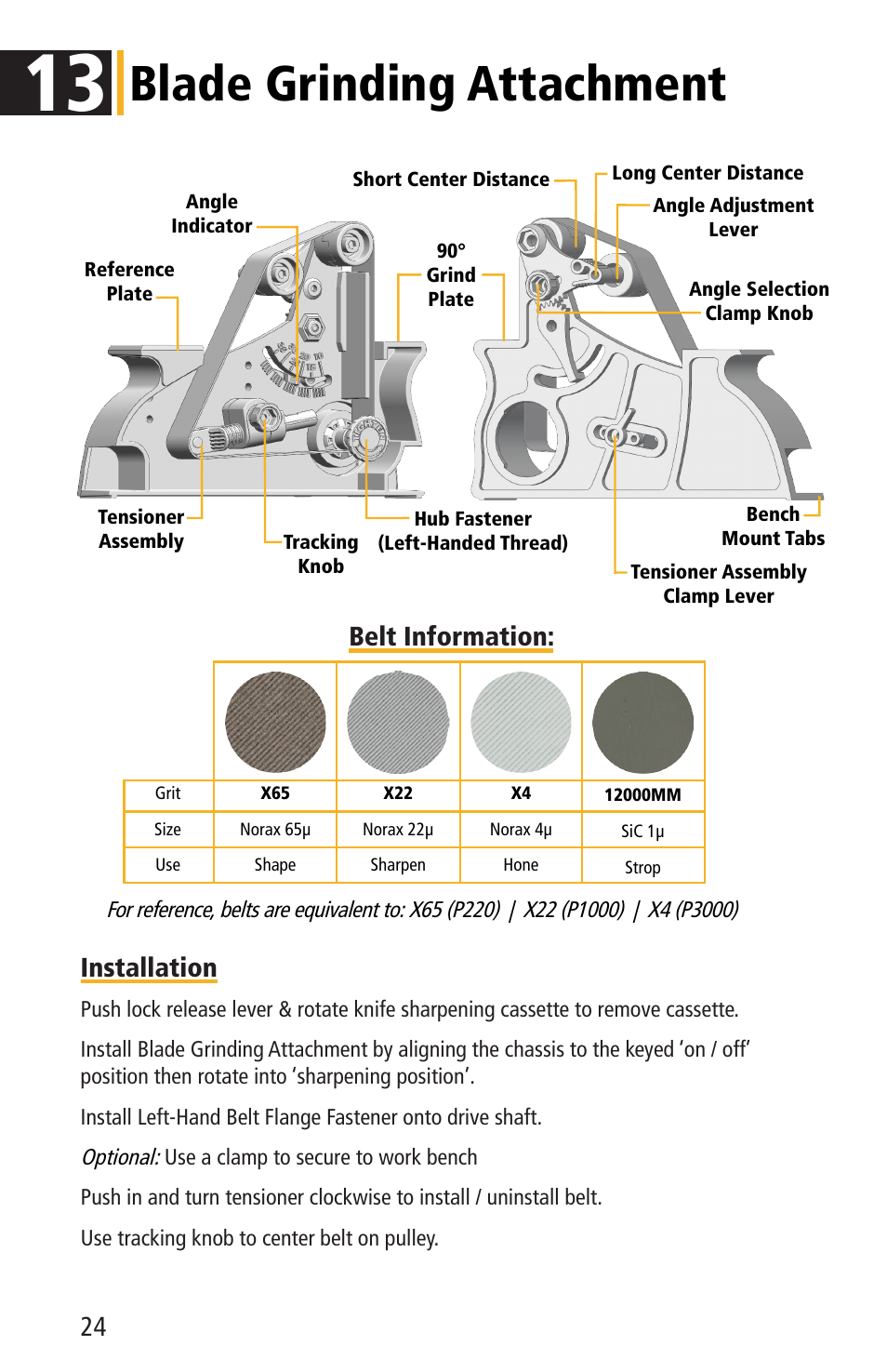 Blade grinding attachment, 24 installation, Belt information | Work Sharp WSKTS-KO KNIFE & TOOL SHARPENER User Guide User Manual | Page 24 / 28