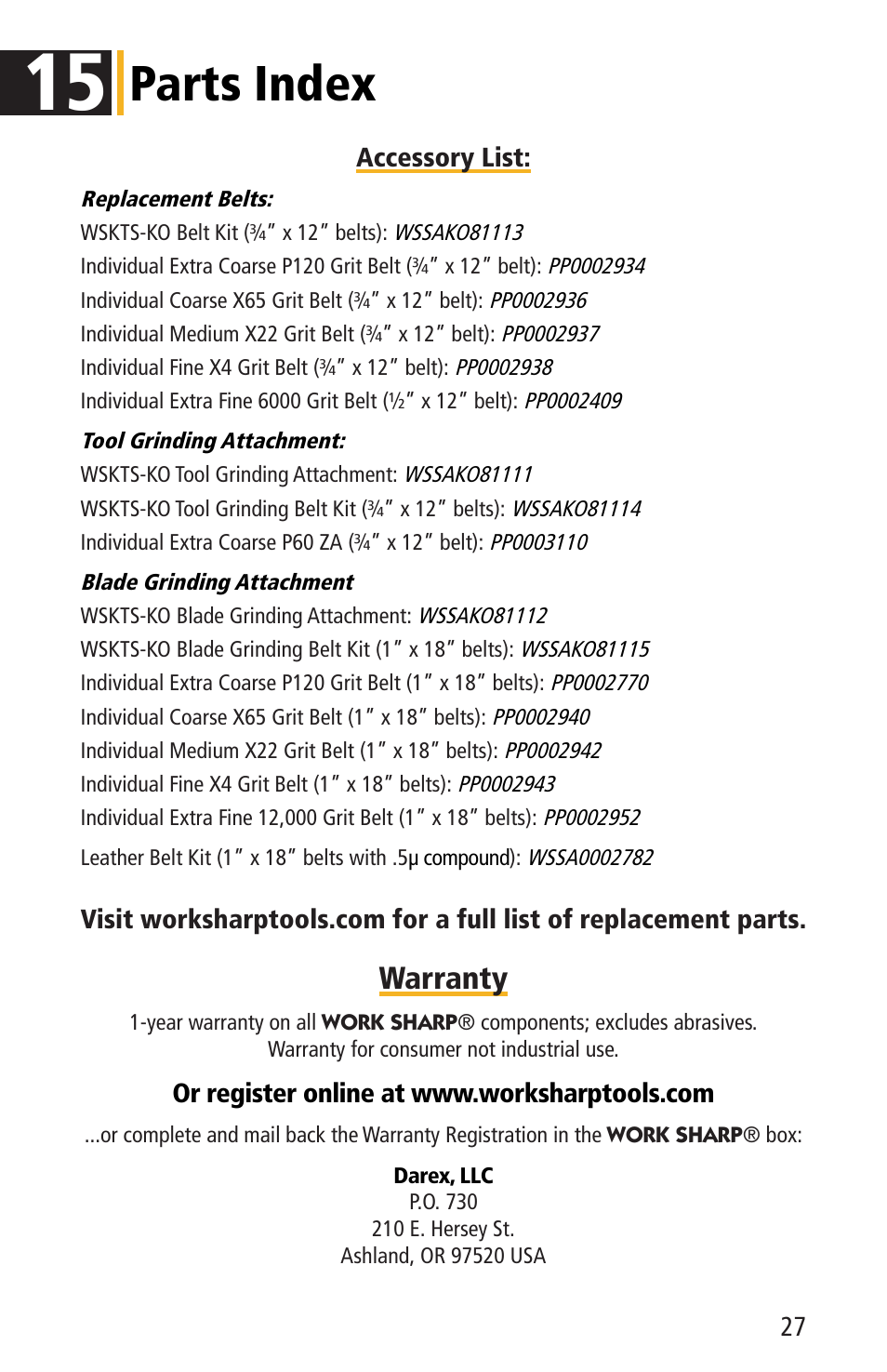 Parts index, Warranty | Work Sharp WSKTS-KO KNIFE & TOOL SHARPENER User Guide User Manual | Page 27 / 28