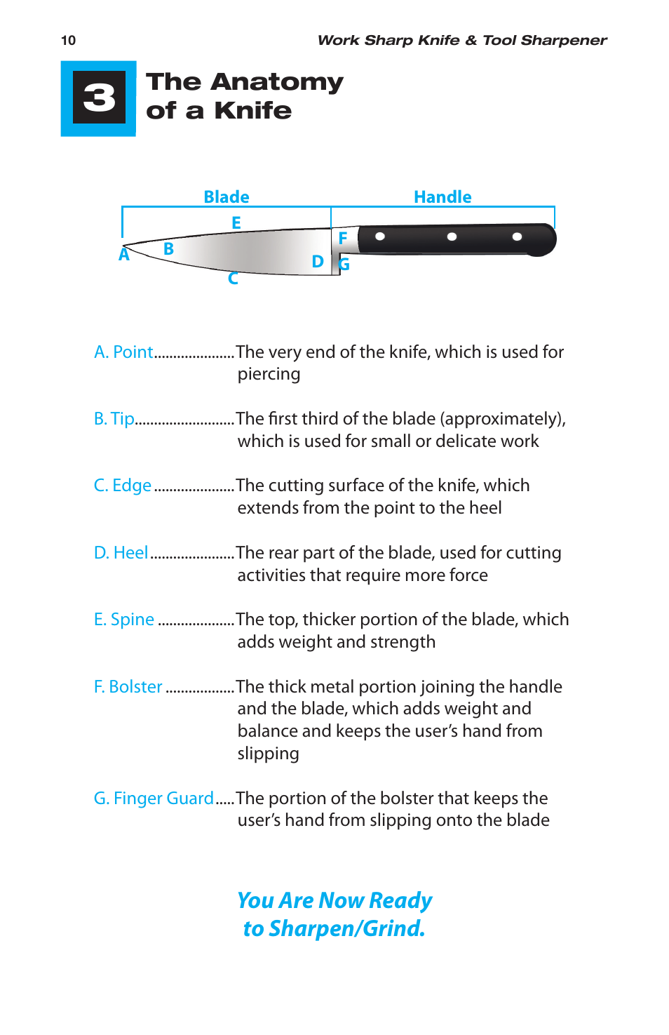 You are now ready to sharpen/grind, The anatomy of a knife | Work Sharp WSKTS-W Original KNIFE & TOOL SHARPENER User Manual | Page 10 / 24