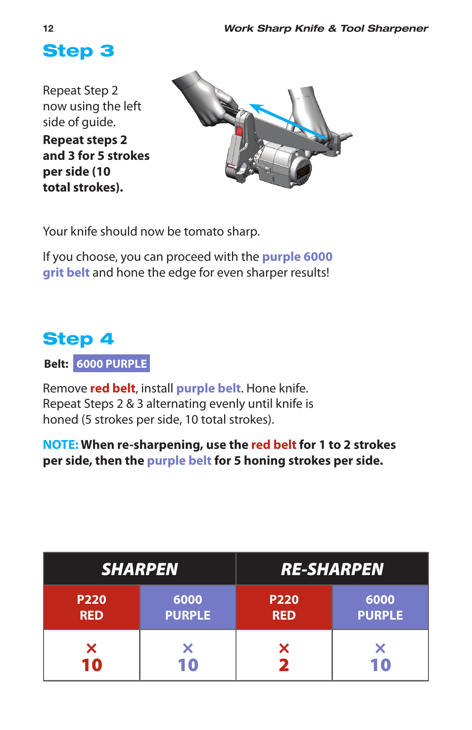 Sharpen re-sharpen, Step 4, Step 3 | Work Sharp WSKTS-W Original KNIFE & TOOL SHARPENER User Manual | Page 12 / 24
