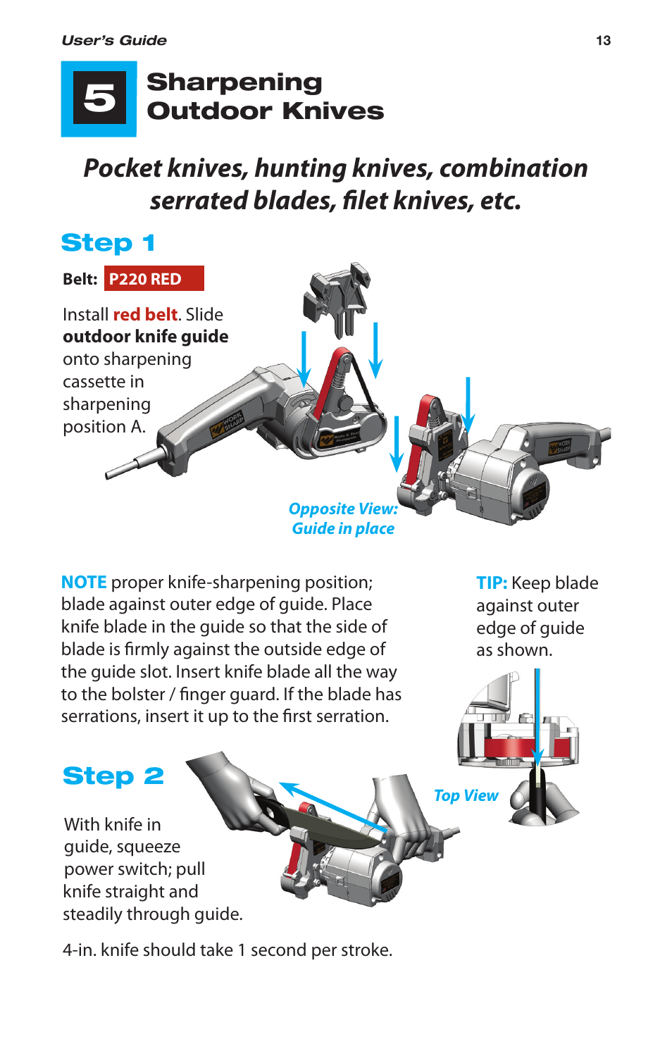 Sharpening outdoor knives, Step 1, Step 2 | Work Sharp WSKTS-W Original KNIFE & TOOL SHARPENER User Manual | Page 13 / 24