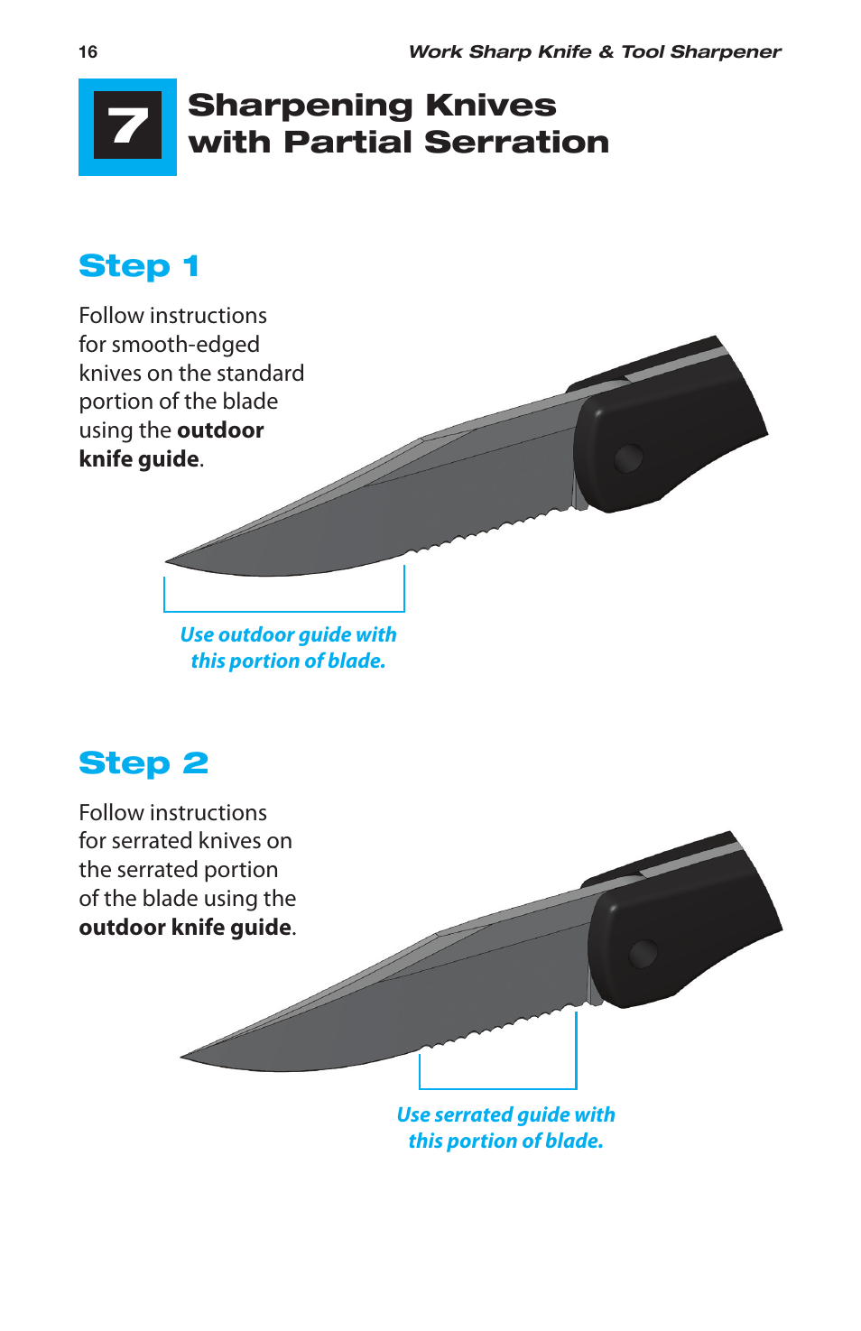 Sharpening knives with partial serration step 1, Step 2 | Work Sharp WSKTS-W Original KNIFE & TOOL SHARPENER User Manual | Page 16 / 24