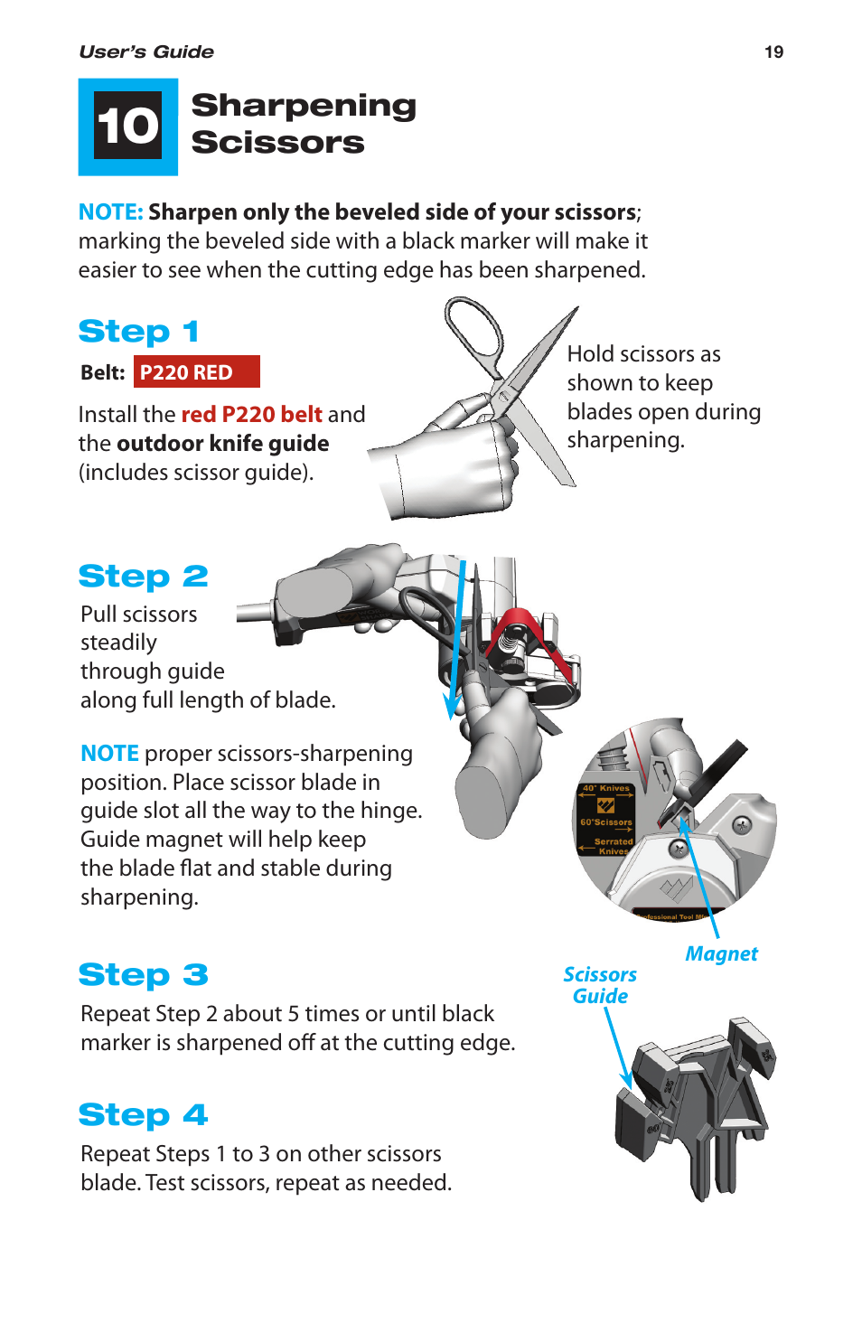 Step 2, Step 3, Step 4 | Sharpening scissors, Step 1 | Work Sharp WSKTS-W Original KNIFE & TOOL SHARPENER User Manual | Page 19 / 24