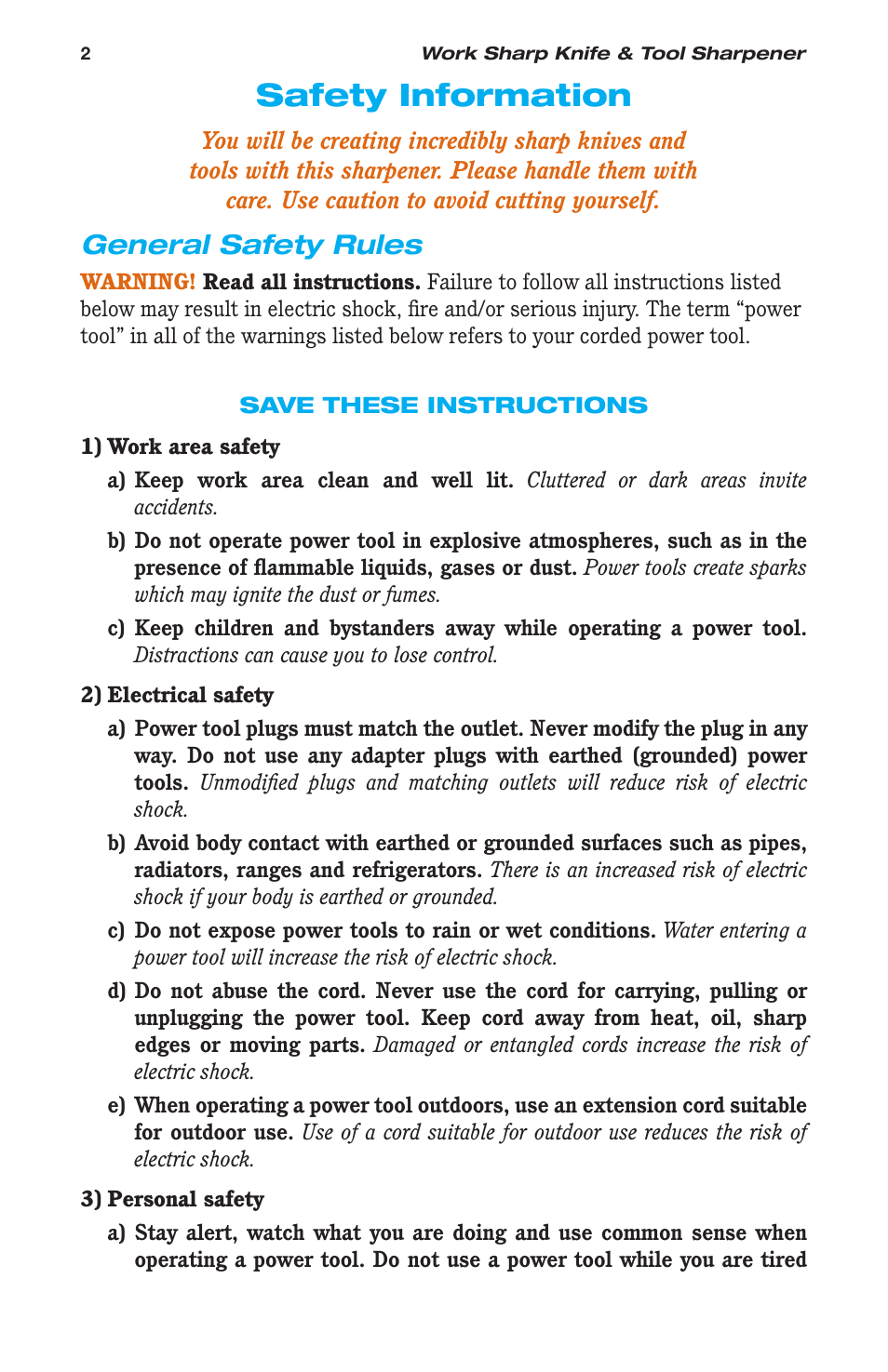 Safety information, General safety rules | Work Sharp WSKTS-W Original KNIFE & TOOL SHARPENER User Manual | Page 2 / 24