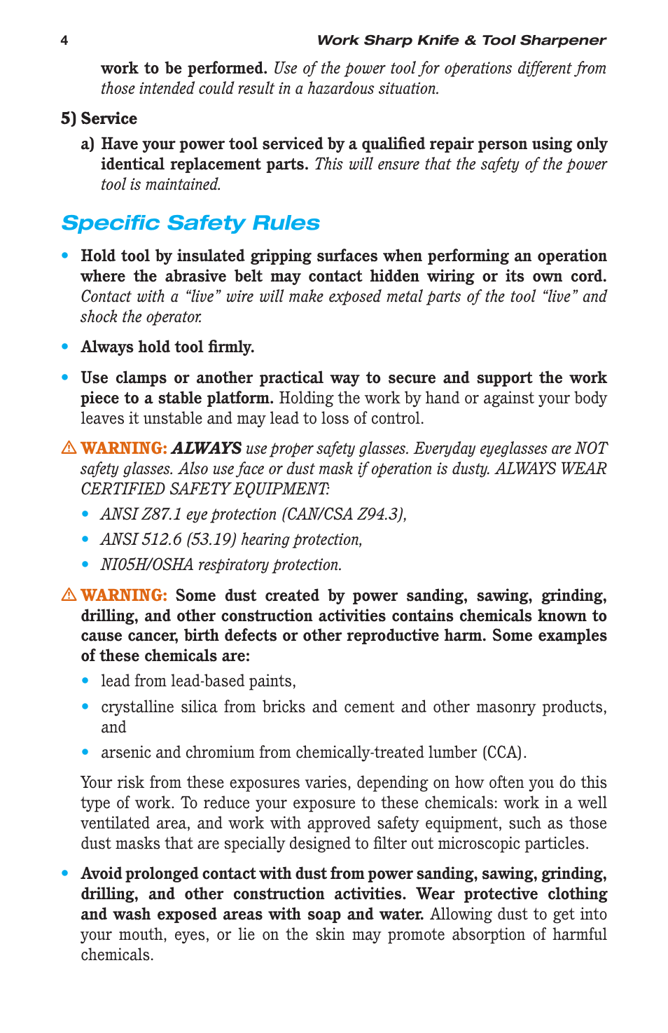 Specific safety rules | Work Sharp WSKTS-W Original KNIFE & TOOL SHARPENER User Manual | Page 4 / 24