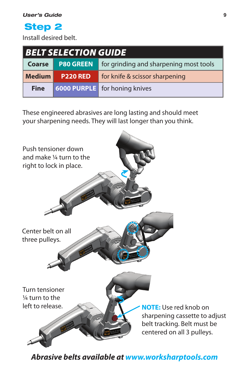 Belt selection guide, Step 2 | Work Sharp WSKTS-W Original KNIFE & TOOL SHARPENER User Manual | Page 9 / 24