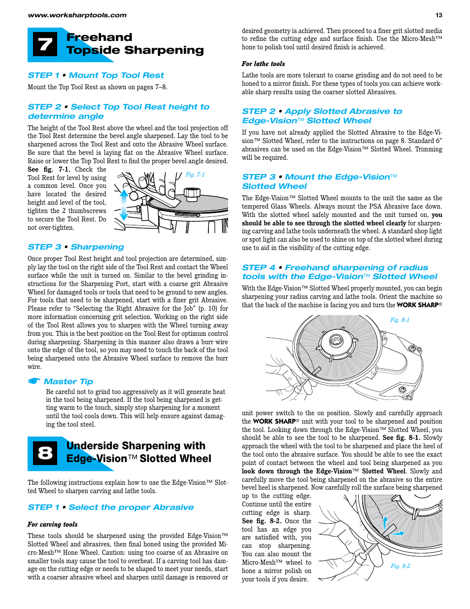 Freehand topside sharpening, Underside sharpen ing with edge-vision, Slotted wheel | Work Sharp WS3000 Woodworking Tool Sharpener User Guide User Manual | Page 13 / 48