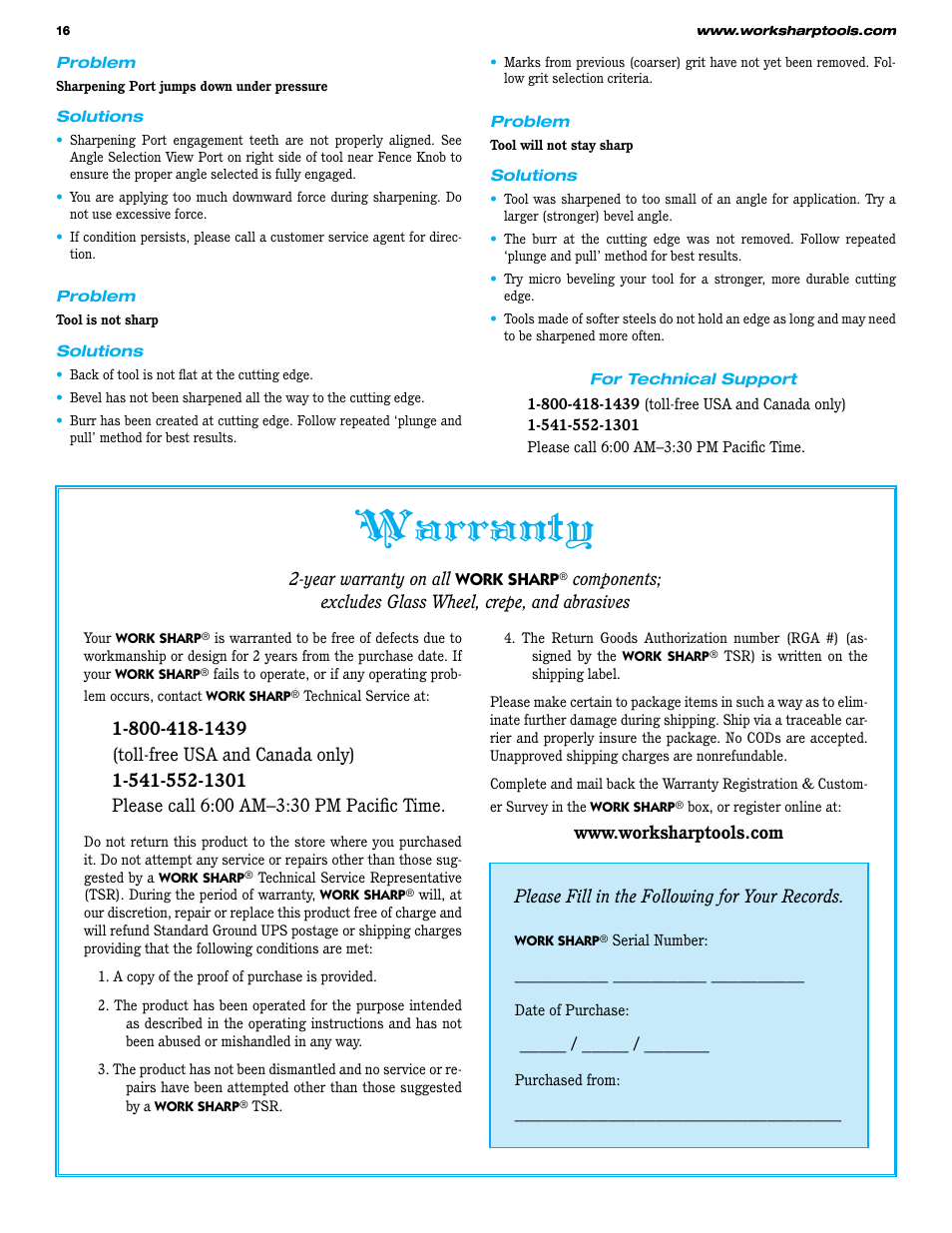 Warranty, Year warranty on all | Work Sharp WS3000 Woodworking Tool Sharpener User Guide User Manual | Page 16 / 48
