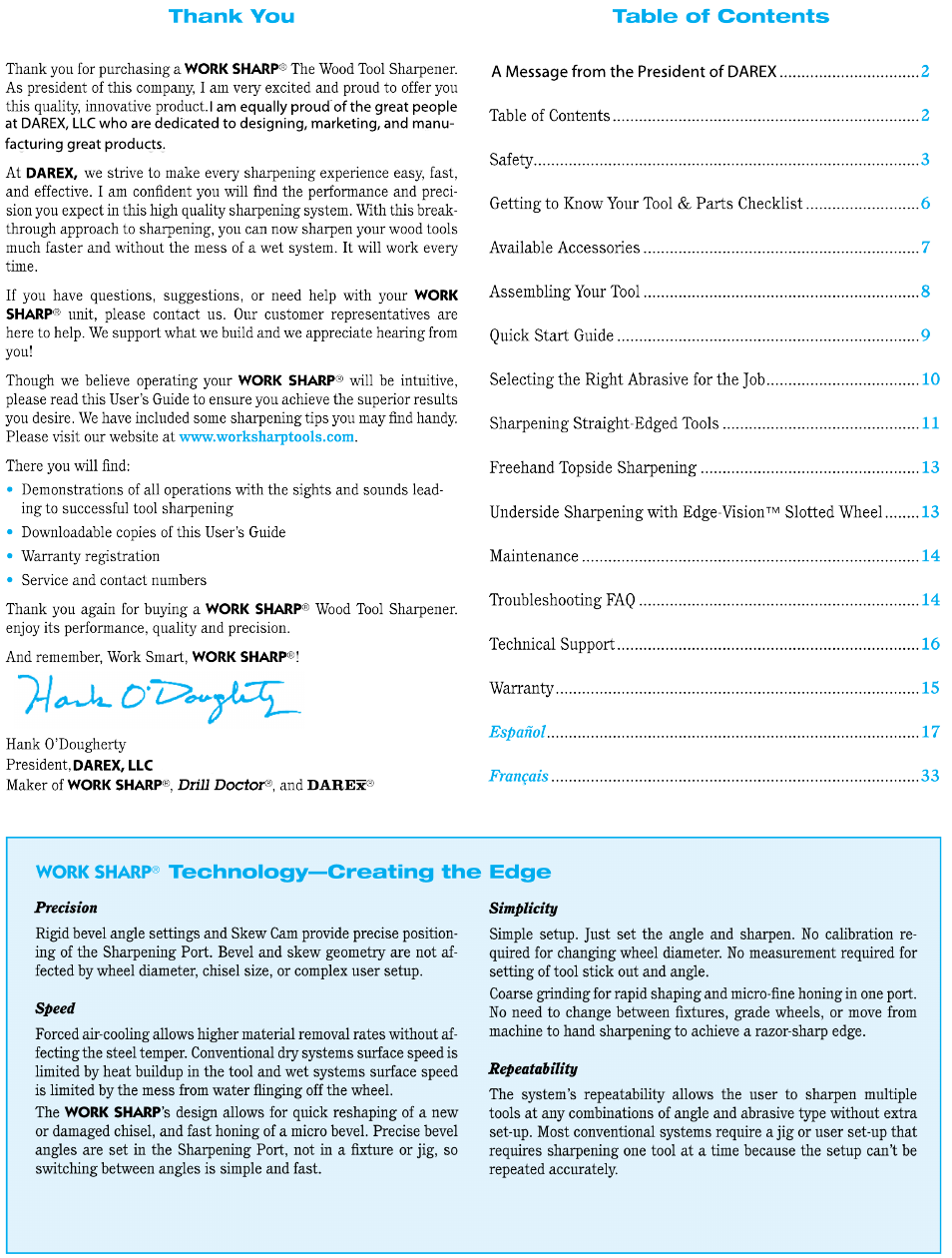 Work Sharp WS3000 Woodworking Tool Sharpener User Guide User Manual | Page 2 / 48