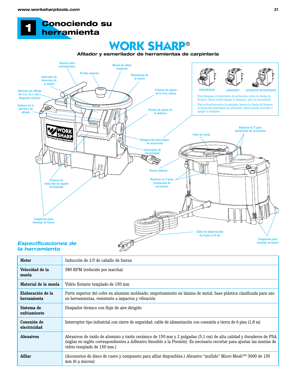 Work sharp, Conociendo su herramienta | Work Sharp WS3000 Woodworking Tool Sharpener User Guide User Manual | Page 21 / 48