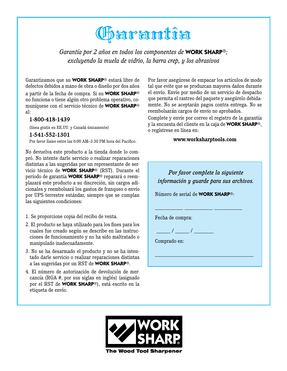 Garantîa, Garantía por 2 años en todos los componentes de | Work Sharp WS3000 Woodworking Tool Sharpener User Guide User Manual | Page 32 / 48