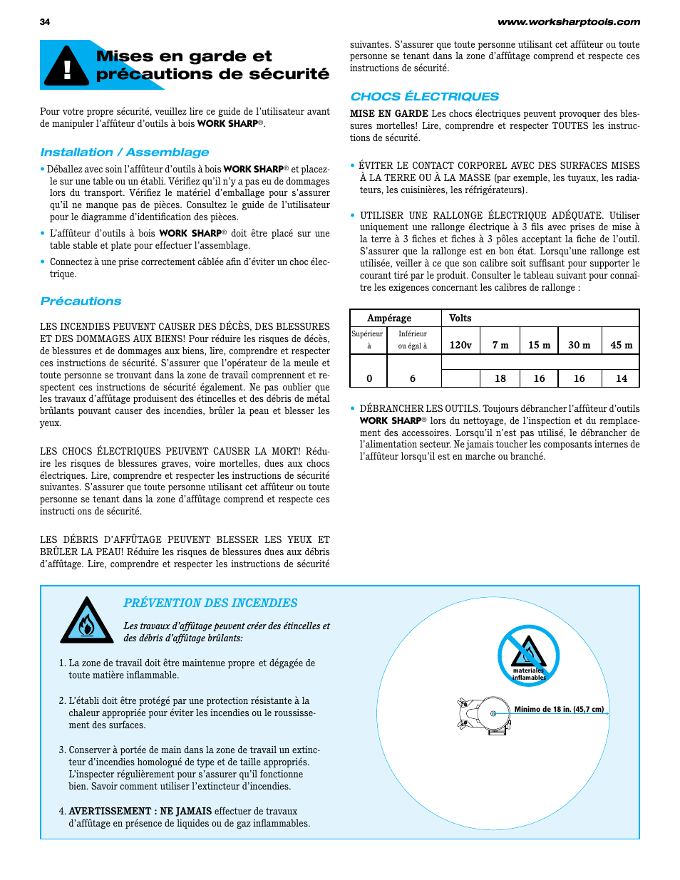 Mises en garde et précautions de sécurité | Work Sharp WS3000 Woodworking Tool Sharpener User Guide User Manual | Page 34 / 48