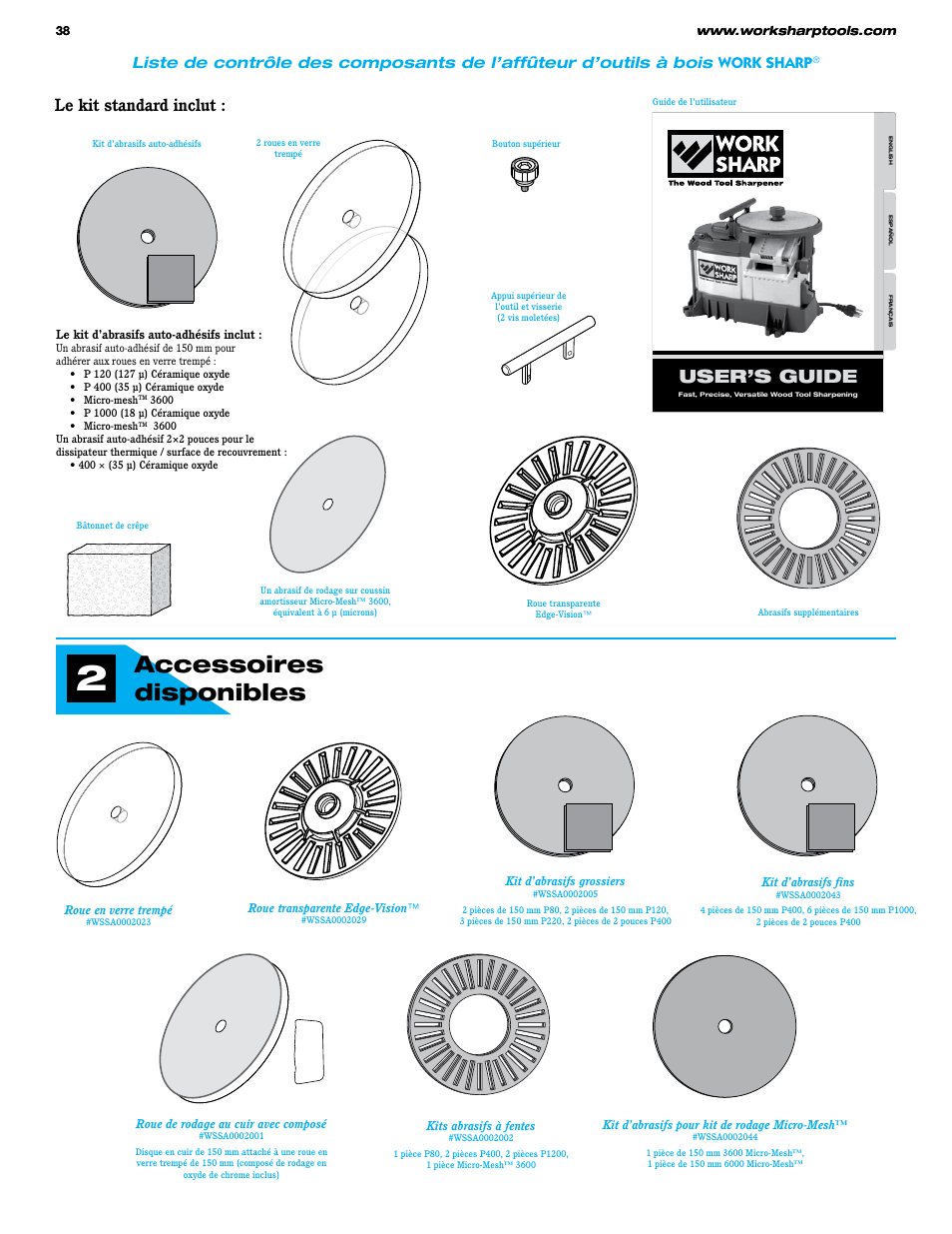Accessoires disponibles, User’s guide, Le kit standard inclut | Work Sharp WS3000 Woodworking Tool Sharpener User Guide User Manual | Page 38 / 48