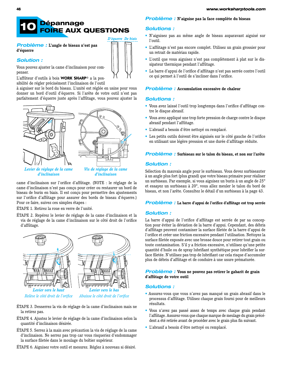 Dépannage, Foire aux questions | Work Sharp WS3000 Woodworking Tool Sharpener User Guide User Manual | Page 46 / 48