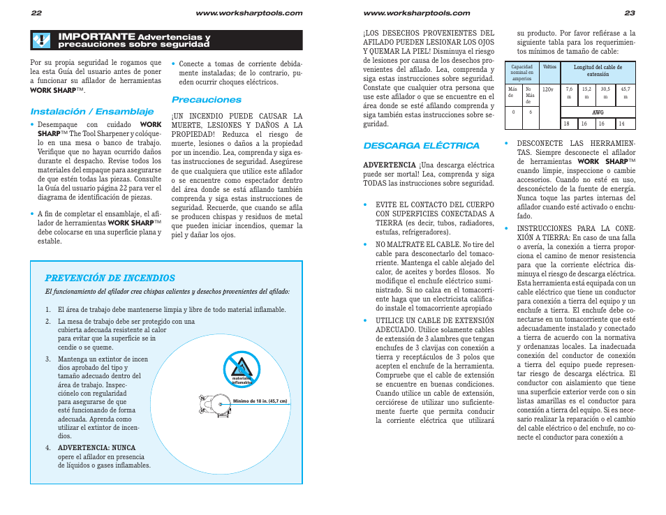 Importante, Prevención de incendios | Work Sharp WS2000 Tool Sharpener & Grinder User Guide User Manual | Page 12 / 31