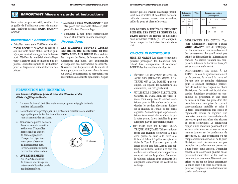 Prévention des incendies | Work Sharp WS2000 Tool Sharpener & Grinder User Guide User Manual | Page 22 / 31