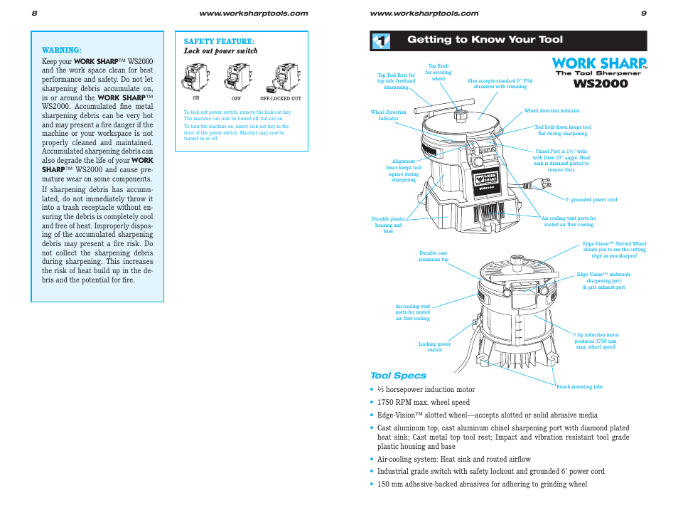 Getting to know your tool, Tool specs | Work Sharp WS2000 Tool Sharpener & Grinder User Guide User Manual | Page 5 / 31