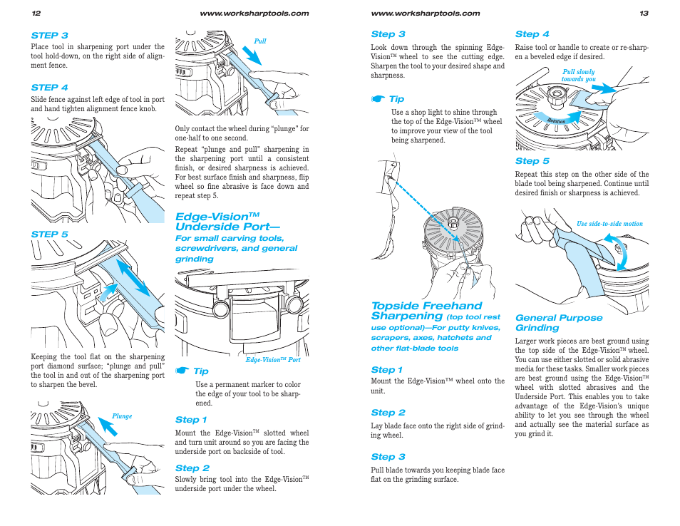 Edge-vision, Underside port, Topside freehand sharpening | Work Sharp WS2000 Tool Sharpener & Grinder User Guide User Manual | Page 7 / 31
