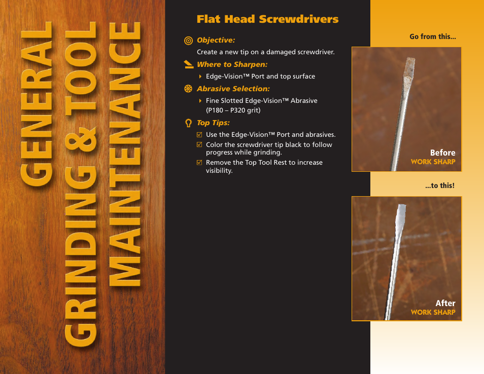 Flat head screwdrivers | Work Sharp WS2000 Tool Sharpener & Grinder Step By Step Guide User Manual | Page 16 / 32