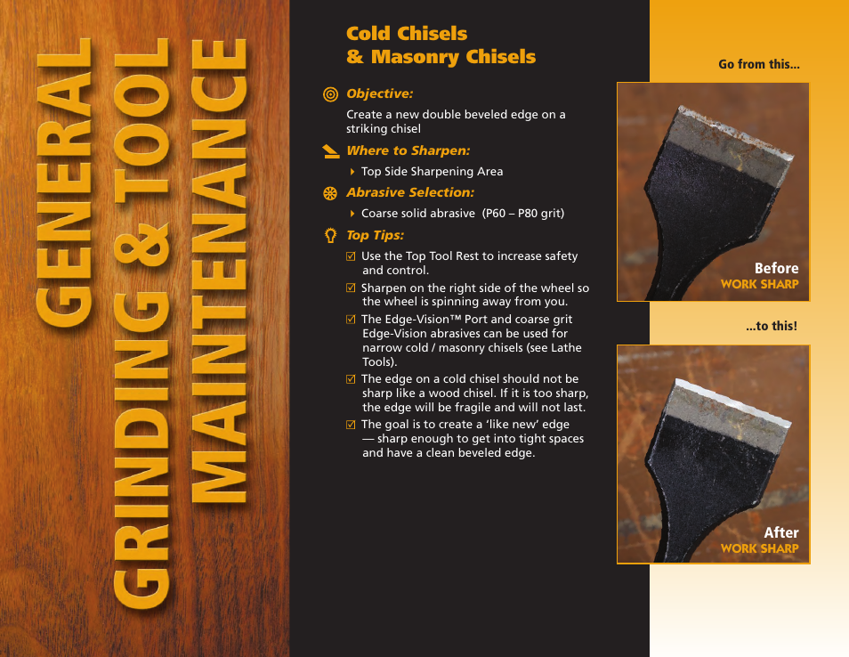 Cold chisels & masonry chisels | Work Sharp WS2000 Tool Sharpener & Grinder Step By Step Guide User Manual | Page 18 / 32