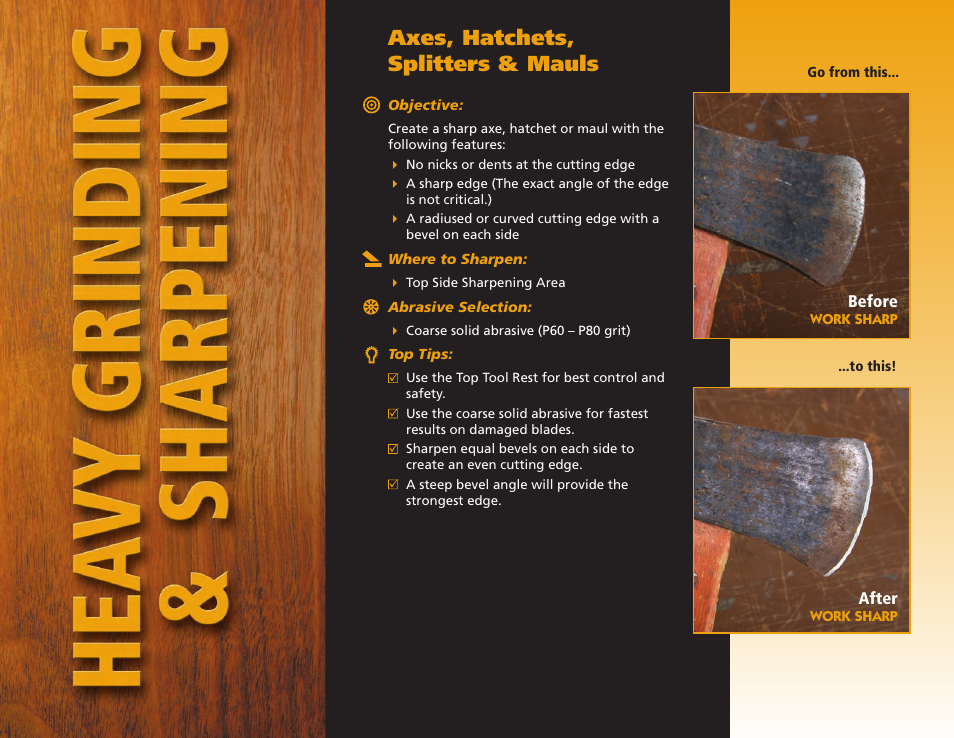 Axes, hatchets, splitters & mauls | Work Sharp WS2000 Tool Sharpener & Grinder Step By Step Guide User Manual | Page 26 / 32