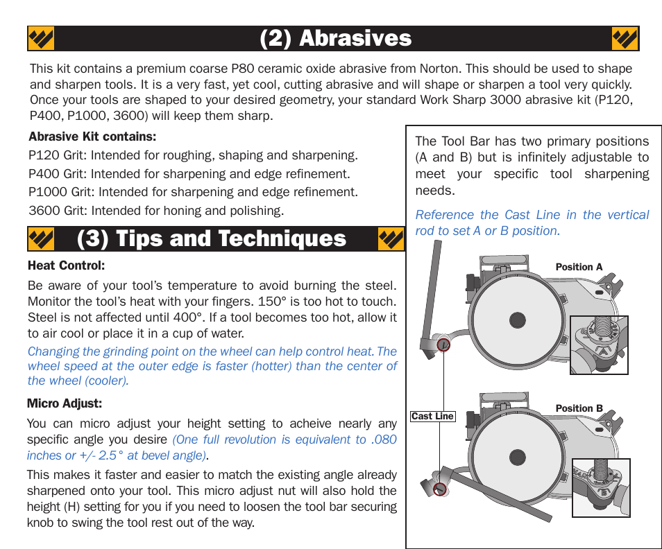 3) tips and techniques (2) abrasives | Work Sharp WS3000 Tool Bar Attachment User Manual | Page 3 / 16