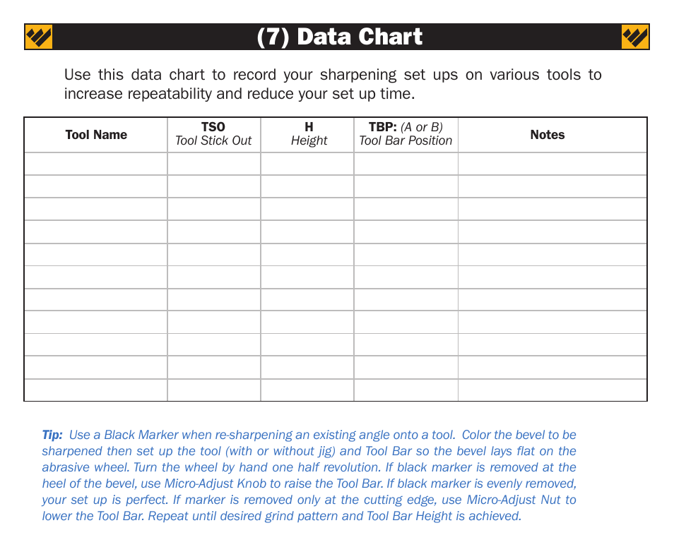 7) data chart | Work Sharp WS3000 Tool Bar Attachment User Manual | Page 6 / 16