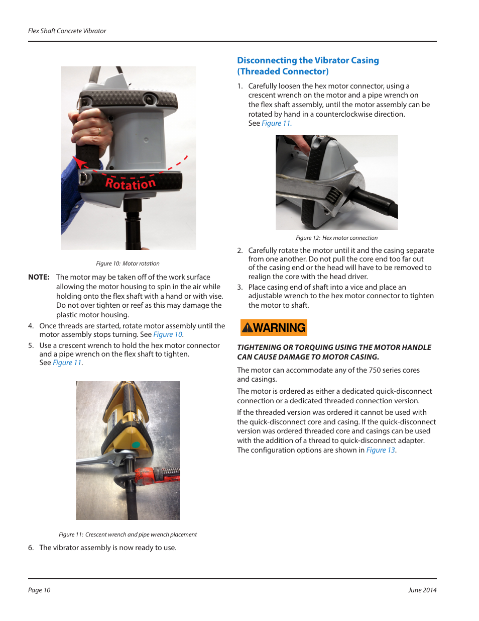 Disconnecting the vibrator casing, Threaded connector) 10, Rotation | Warning | WycoTool Sure Speed electric vibrator User Manual | Page 10 / 20