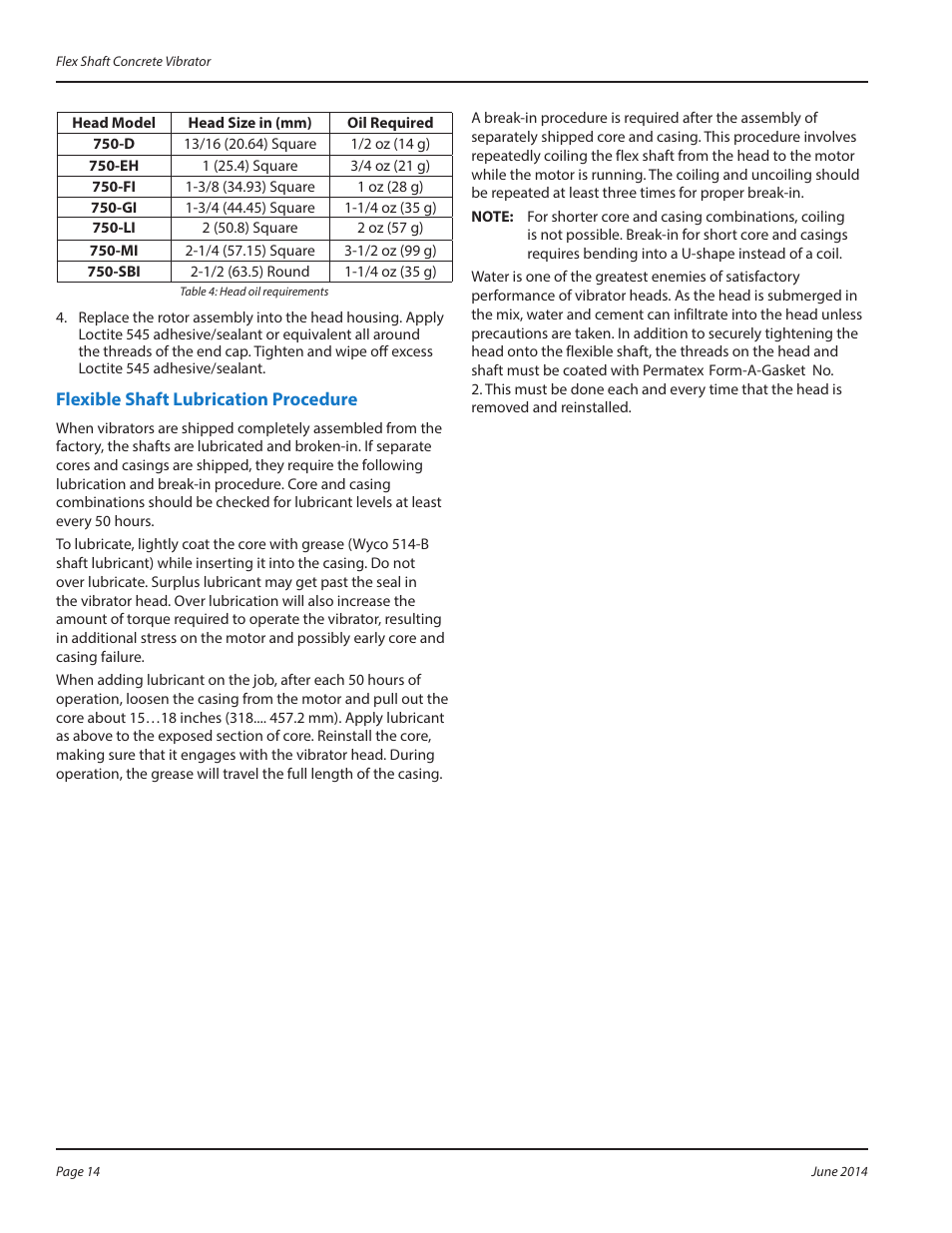 Flexible shaft lubrication procedure, Flexible shaft lubrication procedure 14, Table | WycoTool Sure Speed electric vibrator User Manual | Page 14 / 20