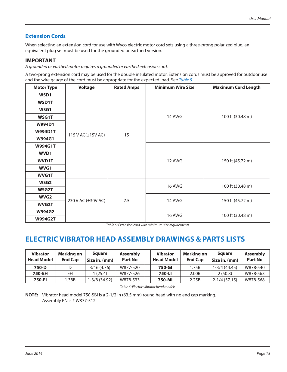 Extension cords, Extension cords 15 | WycoTool Sure Speed electric vibrator User Manual | Page 15 / 20