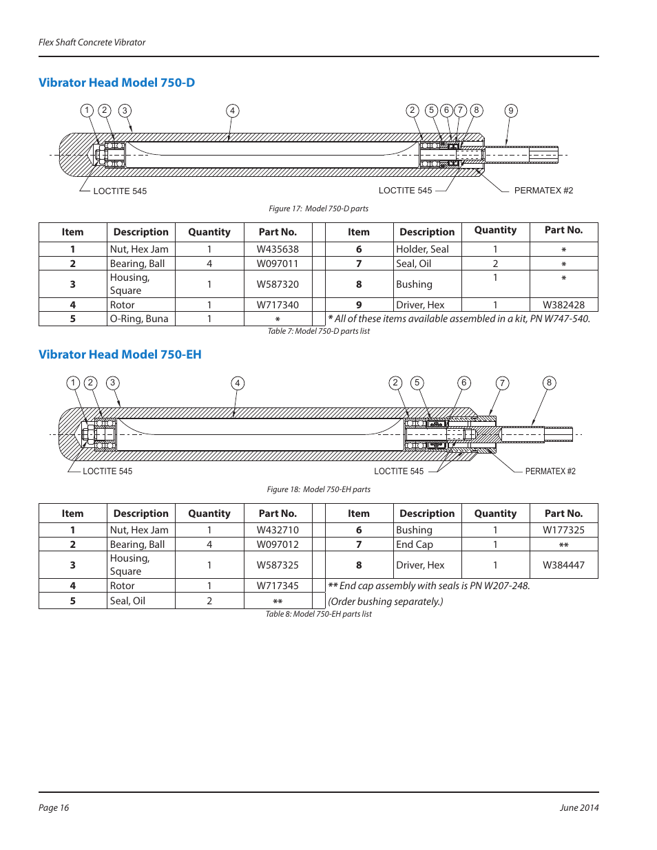 Vibrator head model 750-d, Vibrator head model 750-eh | WycoTool Sure Speed electric vibrator User Manual | Page 16 / 20