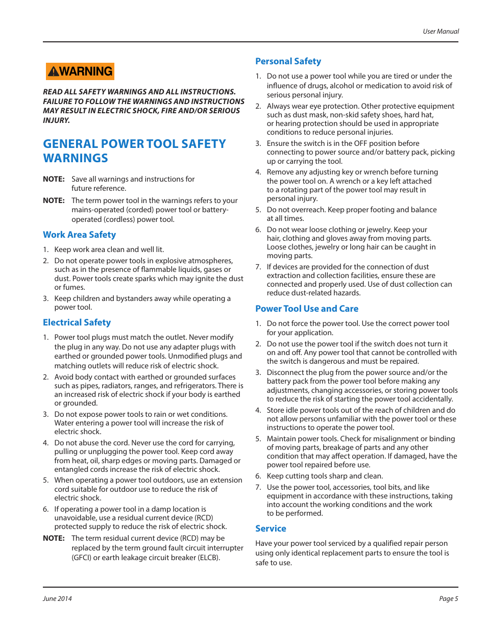 General power tool safety warnings, Work area safety, Electrical safety | Personal safety, Power tool use and care, Service, General power tool safety warnings 5, Warning | WycoTool Sure Speed electric vibrator User Manual | Page 5 / 20