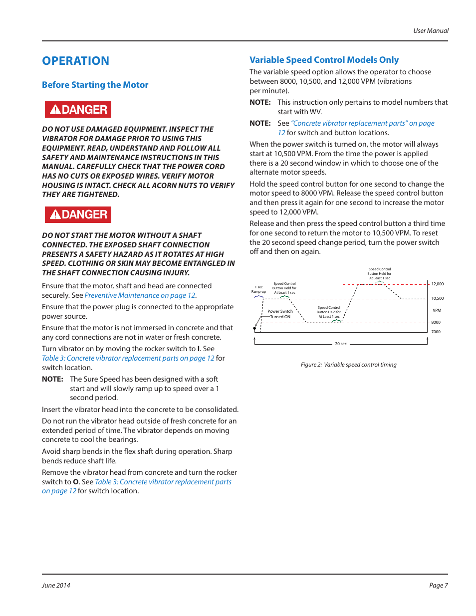 Operation, Before starting the motor, Operation 7 | Before starting the motor 7, Danger, Variable speed control models only | WycoTool Sure Speed electric vibrator User Manual | Page 7 / 20