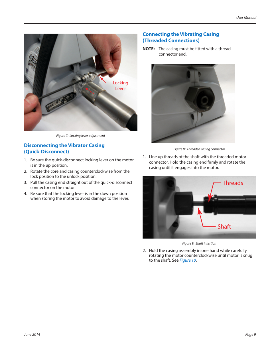 Disconnecting the vibrator casing, Threaded connections) 9, Figure 7 | Shaft threads | WycoTool Sure Speed electric vibrator User Manual | Page 9 / 20