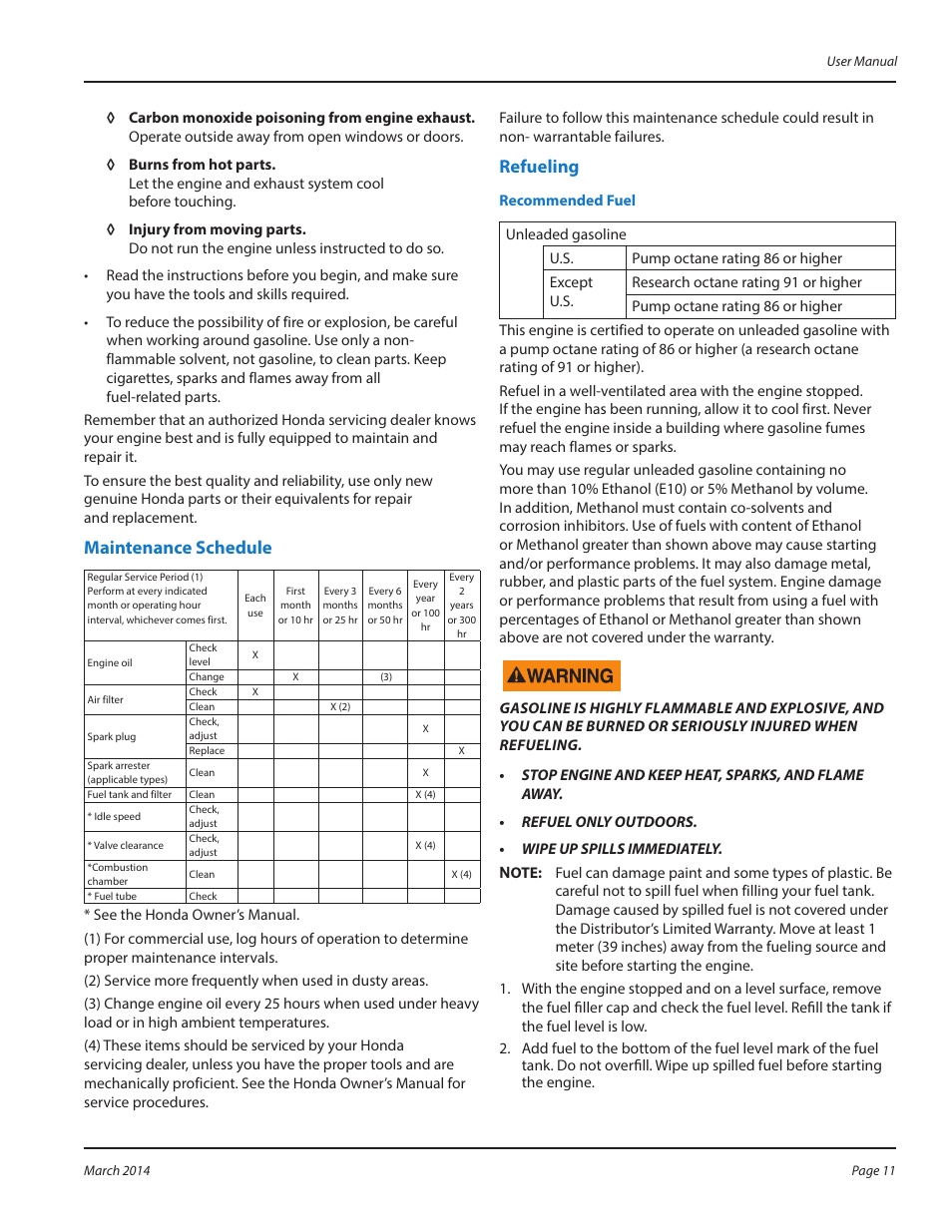 Maintenance schedule, Refueling, Maintenance schedule refueling | WycoTool WBP50 Backpack User Manual | Page 11 / 24