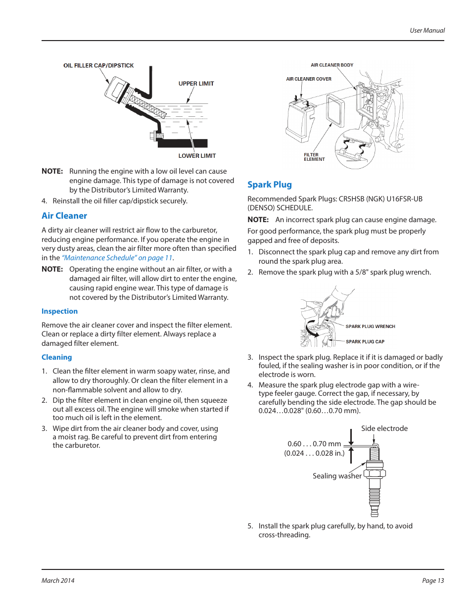 Air cleaner, Spark plug, Air cleaner spark plug | T (see, Air cleaner” on | WycoTool WBP50 Backpack User Manual | Page 13 / 24