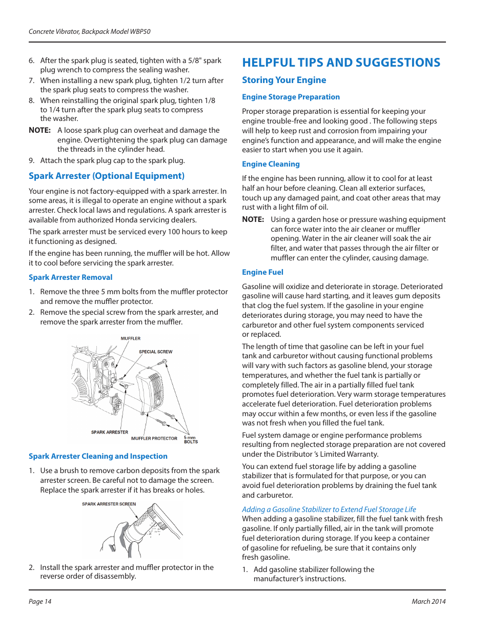 Spark arrester (optional equipment), Storing your engine, Helpful tips and suggestions | WycoTool WBP50 Backpack User Manual | Page 14 / 24