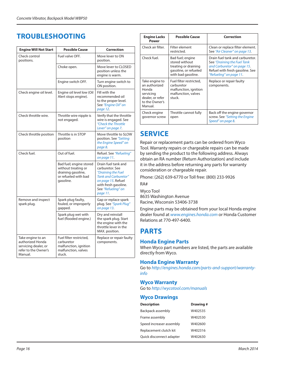 Troubleshooting, Service, Parts | Honda engine parts, Honda engine warranty, Wyco warranty, Wyco drawings | WycoTool WBP50 Backpack User Manual | Page 16 / 24